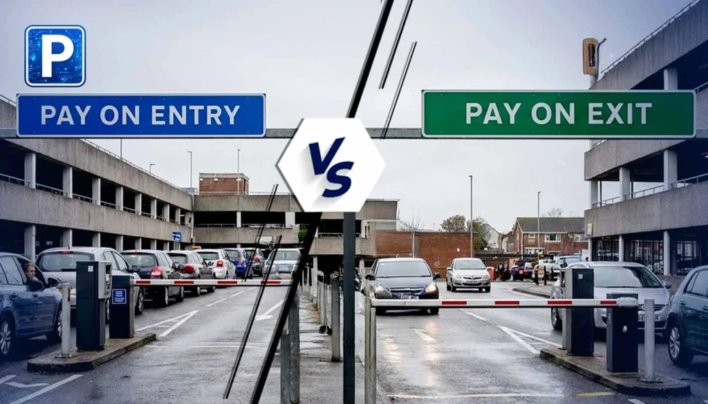 Pay on Entry vs Pay on Exit comparison showing two car park barriers.