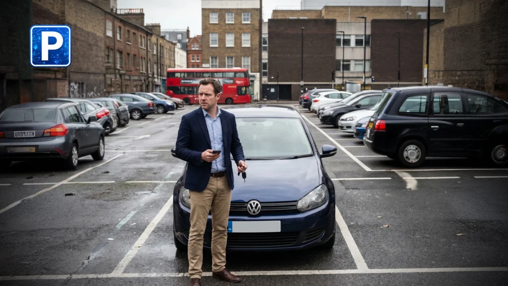 Man standing beside parked car in London street checking phone for parking payment