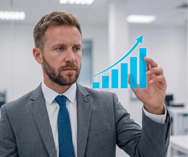 A man interacting with a rising bar chart and upward arrow graphic.