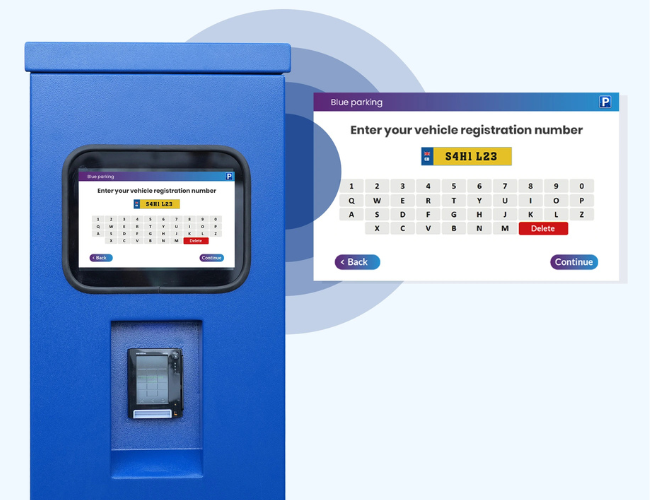 Parking payment machine with a touchscreen for entering a vehicle registration number.