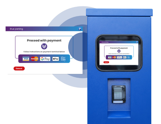 Parking payment machine displaying a payment screen with card and mobile payment options.