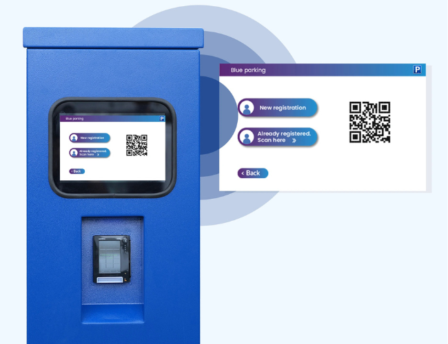 Parking payment machine showing registration options with a QR code for new or existing users