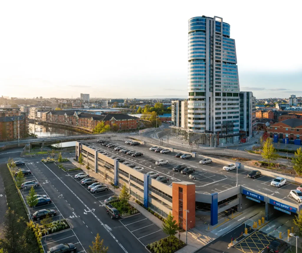 City parking space and high-rise building in an urban area.