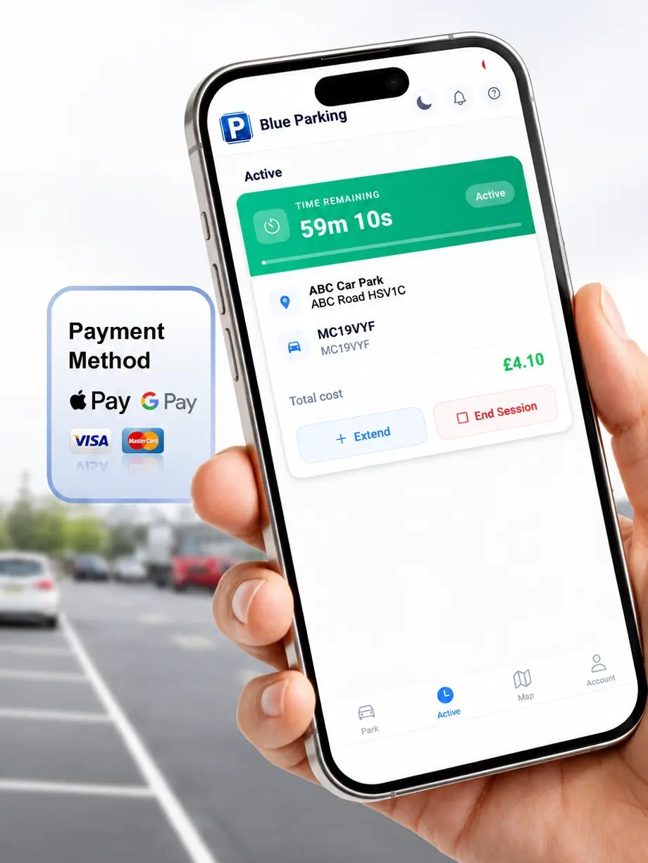 phone screen displaying functioning of blue parking app