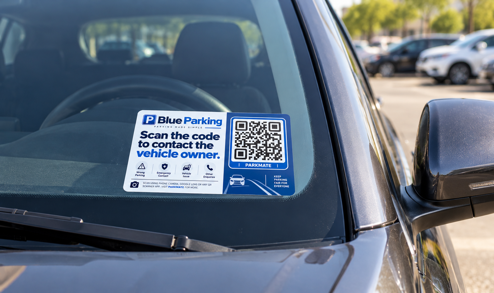 BlueParking ParkMate QR sticker on car windscreen
